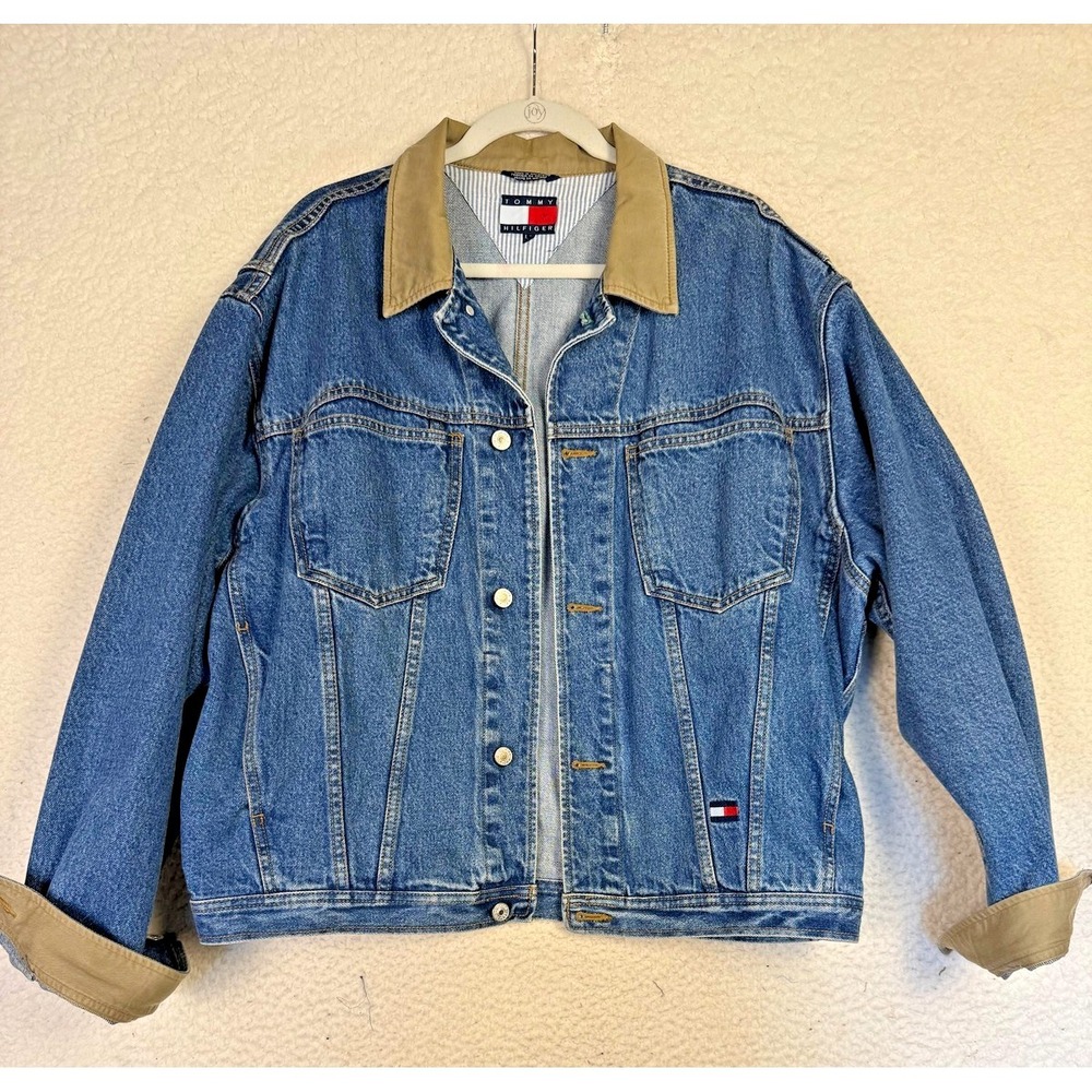 Vintage Tommy‎ Hilfiger Denim Trucker Jacket Mens Medium Collared 90's Blue